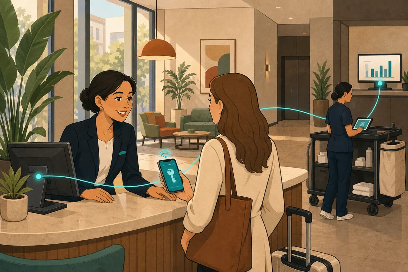 A cel-shaded editorial illustration in a warm palette of cream, taupe, sage, terracotta and deep navy with a teal accent: a calm hotel lobby where small glowing threads connect a front desk computer, a guest's phone showing a mobile key, a housekeeping cart with a tablet, and a back-office screen with charts, while a receptionist chats warmly with a guest, conveying automation running quietly in the background so people can do the human work.