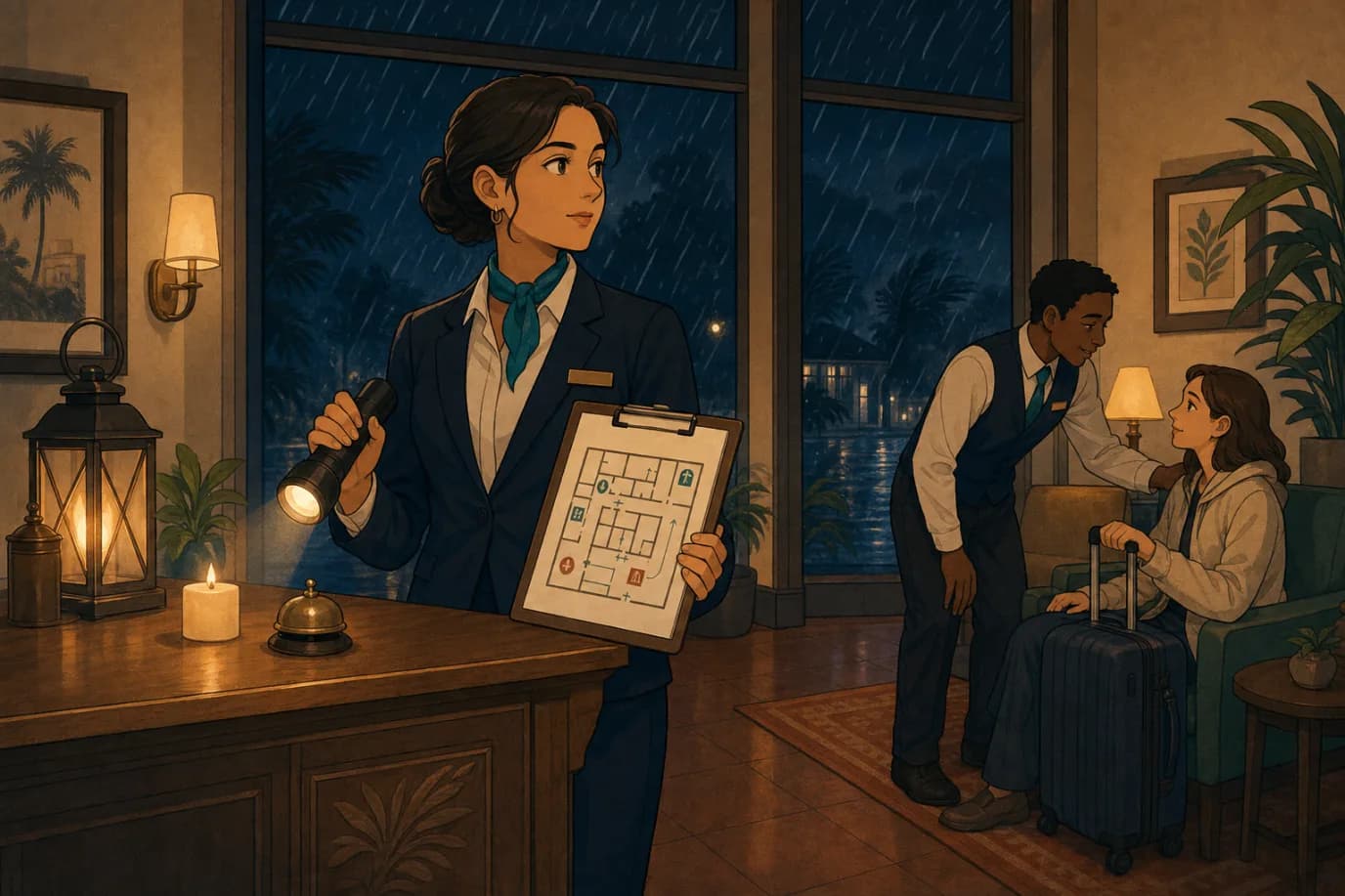 A cel-shaded editorial illustration in a warm palette of cream, taupe, sage, terracotta and deep navy with a teal accent: a calm night manager at a hotel front desk during a storm, holding a torch and a printed one-page plan on a clipboard, with rain streaking the dark lobby windows behind, a candle and lantern on the counter, and a small team member reassuring a guest, conveying steady crisis response during a power outage.