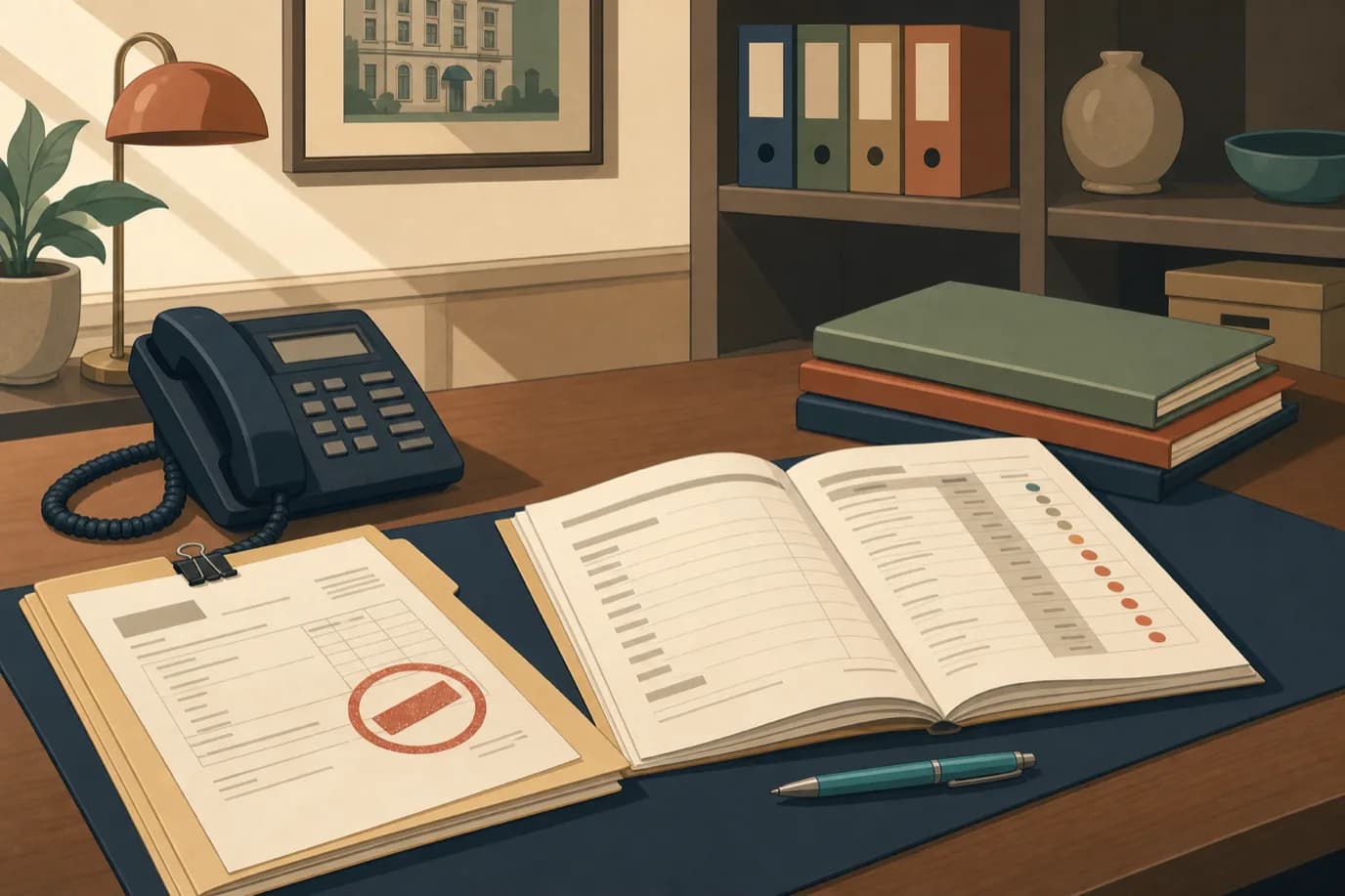 A cel-shaded editorial illustration in a warm palette of cream, taupe, sage, terracotta and deep navy with a teal accent: a hotel back office desk seen at a side angle, an open account statement with an aged column of figures, an unpaid invoice clipped to a folder and a telephone, suggesting collections work rather than a front desk scene.