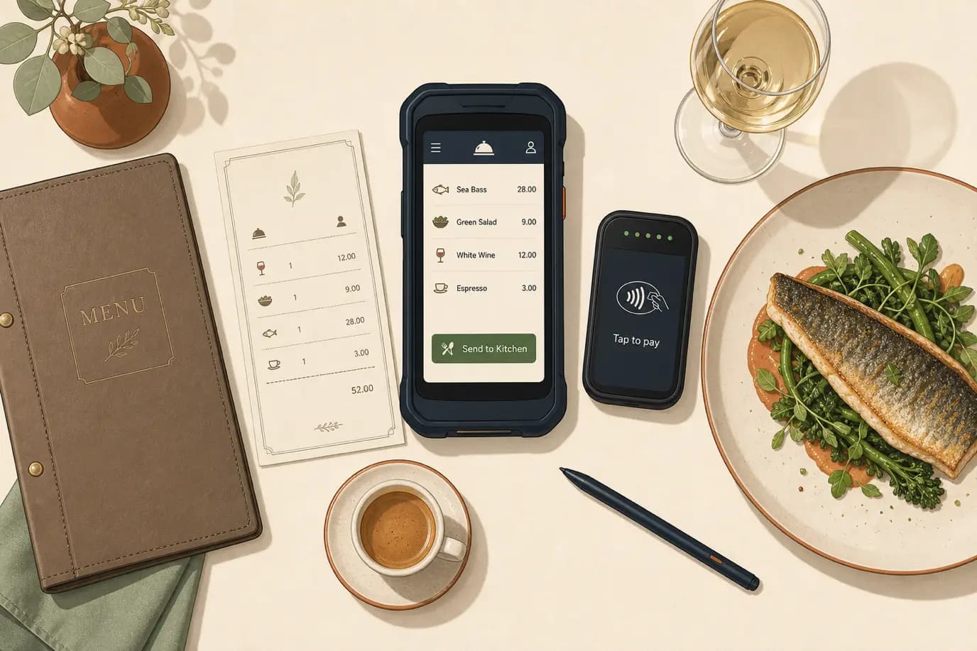 A cel-shaded editorial top-down flat-lay of a hotel restaurant table during service: a handheld POS terminal showing an open order screen sits at the centre, beside a small contactless card reader with a tap-to-pay prompt, a printed check, a folded menu, a plated dish and a wine glass, illustrating tableside ordering and pay-at-table for a hotel restaurant.