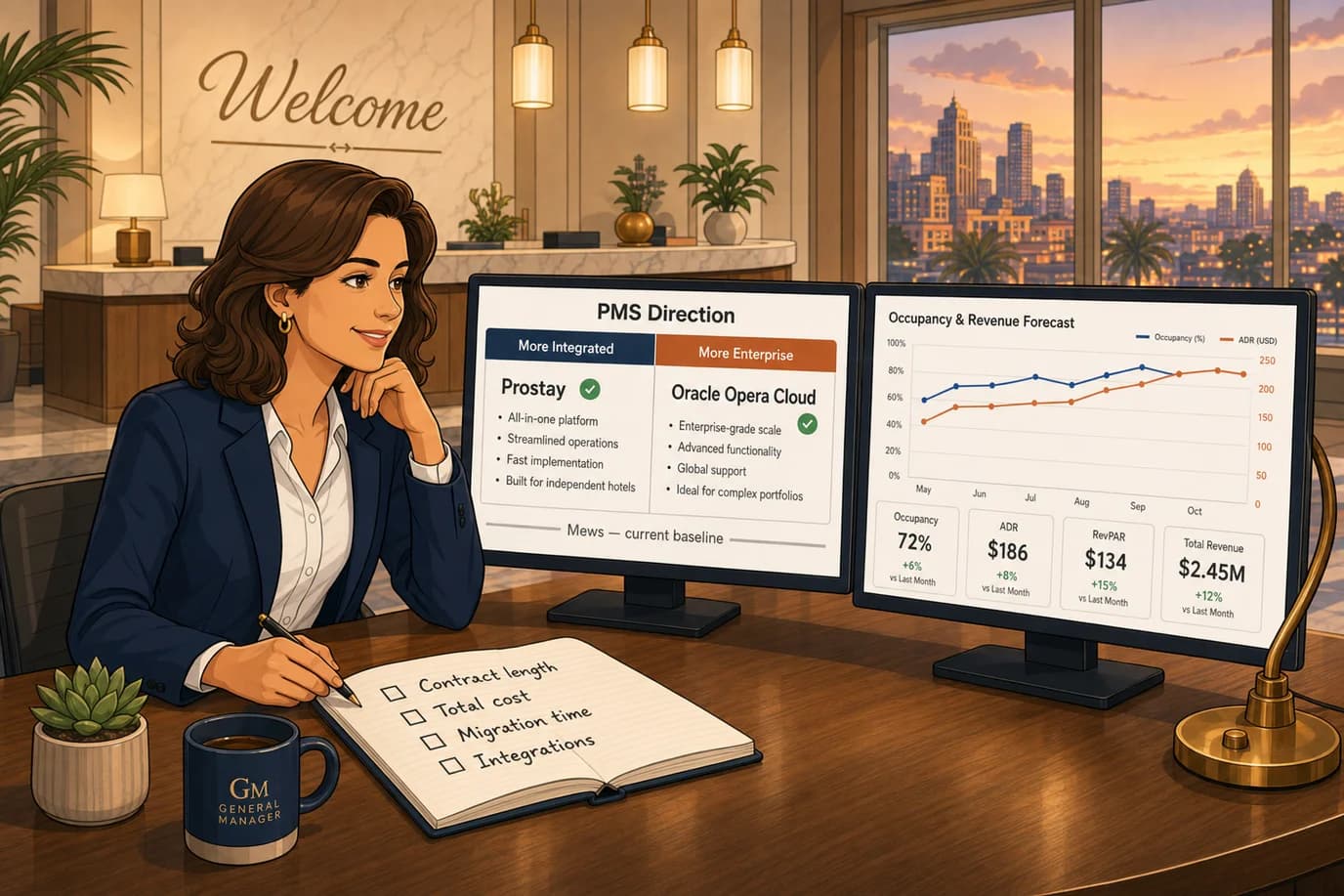 A hotelier compares two property management system dashboards on side-by-side monitors at a back-office desk, with a notebook of evaluation criteria open in front of them.